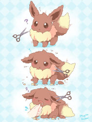 1other ? artist_name blue_background blush brown_eyes checkered_background closed_eyes commentary_request cutting disembodied_hand drooling eevee flying_sweatdrops gen_1_pokemon highres mugita_konomi nintendo open_mouth pokemon pokemon_(creature) scissors sleepy zzz