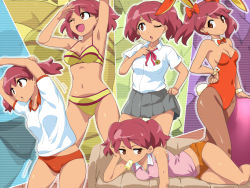 Rule 34 | 1girl, ;o, adjusting neckwear, alternate costume, animal ears, arms up, bikini, bored, bow, bowtie, breasts, buruma, cleavage, clothes grab, couch, covered navel, detached collar, earrings, fake animal ears, fake tail, female focus, food, gym uniform, hair ribbon, hairu, hand on own hip, happy, head rest, highres, hinata natsumi, jewelry, keroro gunsou, legs, leotard, looking at viewer, lying, midriff, mouth hold, multicolored bikini, navel, on side, one eye closed, open mouth, orange leotard, pantyhose, playboy bunny, popsicle, rabbit ears, rabbit tail, red eyes, red hair, red neckwear, red ribbon, ribbon, school uniform, short shorts, shorts, skirt, skirt grab, small breasts, smile, solo, spread legs, standing, stretching, striped bikini, striped clothes, swimsuit, tail, thighs, twintails, two-tone bikini, two side up