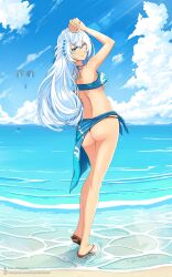 1girl absurdres ass beach bikini blue_eyes blue_sky breasts cloud commentary crossed_bangs dated double-parted_bangs eiyuu_densetsu english_commentary full_body hair_between_eyes half_updo highres instagram_logo instagram_username kuro_no_kiseki_(series) lens_flare long_hair looking_at_viewer medium_breasts non-circular_lens_flare ocean one_eye_closed outdoors parachute sand sandals shizuna_rem_misurugi sideburns sky smile solo swimsuit tropicalsalad18 twitter_username twitter_x_logo watermark wave_print web_address