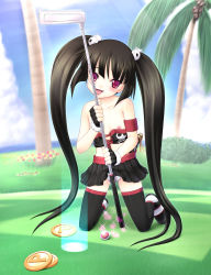 1girl black_hair blush breasts clothed_masturbation crotch_rub female_focus female_masturbation flat_chest highres kooh licking loli masturbation masturbation_through_clothes murasaki_ookami nipples pangya panties red_eyes saliva solo thighhighs tongue underwear white_panties