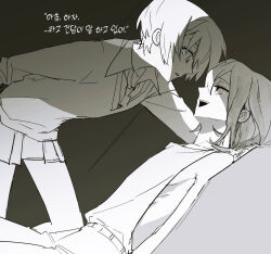 1boy 1girl amate_yuzuriha collared_shirt greyscale gundam gundam_gquuuuuux highres korean_text long_sleeves looking_at_another lying monochrome necktie on_back open_mouth ru_chi_i school_uniform shirt short_hair shuji_ito skirt sleeveless smile sweater tank_top translation_request