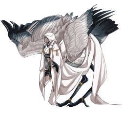 0tya_takuan 1boy bird bird_boy centauroid crane_(animal) facing_to_the_side feathered_wings full_body hood hood_up japanese_clothes kimono male_focus monster_boy monsterification short_hair simple_background standing taur touken_ranbu tsurumaru_kuninaga white_background white_hair white_kimono white_wings wings