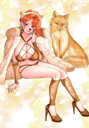 1girl animal_ears bikini blue_eyes breasts cleavage collarbone detached_sleeves dosanko_gal_wa_namaramenkoi earrings facial_mark fake_animal_ears fox fox_ears fuyuki_mai groin high_heels highres hoop_earrings ikada_kai jewelry large_breasts lips long_hair looking_at_viewer mature_female nail_polish official_art orange_hair seductive_gaze swimsuit thighs whisker_markings whiskers