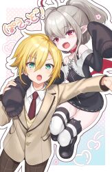 Rule 34 | 1boy, 1girl, absurdres, ahoge, animal collar, arm around neck, bat necklace, blazer, blonde hair, brown hair, buttons, collar, collared shirt, demon wings, dyed ahoge, fang, flat chest, floating, fuubuu, gluteal fold, green eyes, hair between eyes, highres, jacket, lapels, looking at viewer, looking up, makaino ririmu, makaino ririmu (2nd costume), necktie, nijisanji, notched lapels, off shoulder, official alternate costume, official alternate hairstyle, outline, pants, pointy ears, polka dot, red eyes, school uniform, shirt, short hair, skin fang, sleeves past fingers, sleeves past wrists, striped clothes, striped thighhighs, thighhighs, twintails, uzuki kou, uzuki kou (3rd costume), v-shaped eyebrows, vest, virtual youtuber, wings, zipper