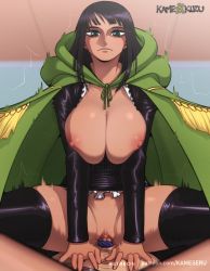 1boy 1girl artist_name bad_tag black_hair boots breasts breasts_out cleavage cloak girl_on_top hetero huge_breasts iceburg jacket kameseru large_breasts leather leather_jacket long_hair motion_blur nico_robin nico_robin_(water_7) nipples one_piece pussy sex thigh_boots uncensored vaginal