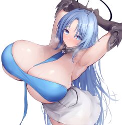 1girl absurdres alsace_(azur_lane) armored_boots armpits arms_behind_head arms_up azur_lane between_breasts black_gauntlets blue_eyes blue_hair boots breast_strap breasts closed_mouth commentary dress facing_viewer gauntlets heavy_breathing highres huge_breasts long_hair looking_at_viewer presenting_armpit short_dress simple_background solo very_long_hair white_background white_dress yuuki_shuri