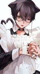 1boy absurdres animal_ears apron black_choker black_dress black_hair black_nails broken_heart cat_boy cat_ears cat_tail choker commentary_request crossdressing dress eyewear_strap glasses hair_between_eyes heart highres interlocked_fingers long_sleeves looking_at_viewer maid male_focus male_maid michikumo_mirukumochi mole mole_under_eye one_eye_closed original rectangular_eyewear short_hair simple_background solo tail tattoo teardrop-framed_glasses tongue tongue_out upper_body white_apron white_background yellow_eyes