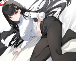 1girl black_hair black_jacket black_skirt blue_archive breasts bright_pupils brown_pantyhose commentary crop_top dutch_angle hair_ornament hair_spread_out hairclip halo highres jacket large_breasts long_hair long_sleeves looking_at_viewer midriff miniskirt navel no_shoes pantyhose pleated_skirt reclining red_eyes rio_(blue_archive) shirt skirt solo takehana_note turtle unworn_jacket very_long_hair white_shirt