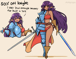 1girl armor dual_wielding english_text highres holding murgoten pointy_ears purple_hair sword weapon