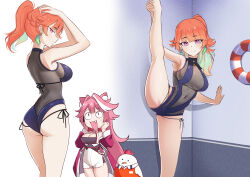 1girl :d absurdres animal_ears armpits arms_up ass breasts cat_ears cat_girl cd_usr cleavage closed_mouth earrings fang feather_earrings feathers flexible freckles green_hair hands_on_own_head high_ponytail highres hololive hololive_english jewelry kfp_employee_(takanashi_kiara) kneepits large_breasts looking_at_another looking_at_viewer multicolored_hair multiple_views one-piece_swimsuit open_mouth orange_hair perfume_(takanashi_kiara) pink_eyes pink_hair ponytail raora_panthera raora_panthera_(1st_costume) see-through_cleavage see-through_clothes smile split standing standing_on_one_leg standing_split stretching swim_ring swimsuit takanashi_kiara thighs two-tone_hair virtual_youtuber