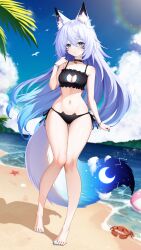 1girl absurdres animal_ear_fluff animal_ears barefoot beach bell bikini bird black_bikini black_choker blue_eyes blue_nails breasts cat_ear_bikini choker cleavage cleavage_cutout clothing_cutout cloud commission crab crescent crescent_hair_ornament facial_mark fox_ears fox_girl fox_tail grey_hair hair_between_eyes hair_ornament highres indie_virtual_youtuber long_hair mysticlight_(vtuber) nail_polish navel neck_bell ocean palm_leaf sakotach shadow side-tie_bikini_bottom sky solo starfish stomach swimsuit tail toenail_polish toenails virtual_youtuber whisker_markings