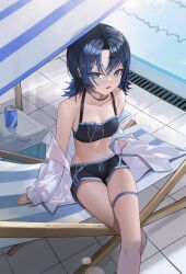 Rule 34 | 1girl, anizi, bikini, bikini shorts, blue bikini, blue eyes, blue hair, blue swim trunks, breasts, can, commentary request, cooler, crossed legs, day, deck chair, drink can, feet out of frame, folding chair, hair ornament, hairclip, halterneck, highres, hiodoshi ao, hololive, hololive dev is, jewelry, long sleeves, looking at viewer, male swimwear, medium hair, mole, mole under mouth, necklace, off shoulder, open clothes, open mouth, open shirt, outdoors, pool, poolside, shirt, shorts, sitting, sleeves past wrists, small breasts, solo, swimsuit, thigh strap, tile floor, tiles, virtual youtuber, white shirt, zipper