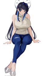 1girl black_hair black_halo blue_eyes blue_hair blue_nails blue_pants breasts gambar_sally hair_intakes halo highres hololive hololive_english large_breasts long_hair looking_at_viewer official_alternate_costume ouro_kronii ouro_kronii_(casual) pants simple_background sleeveless sleeveless_sweater solo sweater turtleneck turtleneck_sweater virtual_youtuber white_background white_sweater