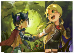 Rule 34 | 1boy, 1girl, absurdres, black bodysuit, blonde hair, bodysuit, border, brown eyes, brown gloves, brown hair, brown jacket, cape, commentary request, cowboy shot, facial mark, fake horns, glasses, gloves, green eyes, helmet, highres, horned helmet, horns, jacket, jungle, long hair, looking at another, low twintails, made in abyss, mechanical arms, nature, open clothes, open jacket, open mouth, outdoors, outside border, parted bangs, pointy ears, red cape, reg (made in abyss), riko (made in abyss), short hair, short sleeves, simple bird, smile, sterlank, topless male, twintails, whistle, whistle around neck, white border