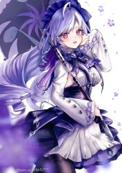 Rule 34 | 1girl, black nails, breasts, center frills, commentary request, cowboy shot, dress, drill hair, flower, frills, highres, holding, holding umbrella, long hair, looking at viewer, mole, mole under eye, ototuki ena, partial commentary, pointy ears, purple flower, purple hair, purple ribbon, purple umbrella, red eyes, ribbon, sideboob, simple background, solo, twitter username, umbrella, vivian banshee, white background, zenless zone zero
