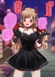 1girl black_dress black_gloves blush breasts brown_eyes brown_hair cleavage commentary demon_costume demon_horns demon_tail demon_wings dress fishnet_pantyhose fishnets genderswap genderswap_(mtf) gloves halloween highres horns looking_at_viewer medium_breasts mole mole_under_eye open_mouth original outdoors pantyhose sashimi_(hitocelll) solo surprised tail translated wings