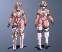 1girl 2022 3d abs arm_at_side ass bare_shoulders bikini black_gloves blonde_hair blue_background blue_bikini blue_eyes blue_trim boots bracelet closed_mouth commentary contrapposto dark_skin dimples_of_venus elbow_pads english_commentary eromancer facial_mark female_focus gloves gradient_background groin half_gloves halterneck highres huge_ass jewelry knee_pads lace-up_boots legs_apart lips looking_at_viewer multicolored_boots multiple_views muscular muscular_female muscular_legs navel official_art open_hand pure_onyx reference_sheet semira_(pure_onyx) serious shiny_skin short_hair simple_background standing star_(symbol) swept_bangs swimsuit thick_thighs thighlet thighs turnaround two- two-tone_boots white_bikini wrestling_outfit xxoom