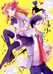 10s 1boy 1girl black_eyes black_hair blazer book eraser gekkan_shoujo_nozaki-kun hair_ribbon hananone_kokuru heart inkwell long_hair necktie nozaki_umetarou orange_hair paper pen pencil purple_eyes ribbon ruler sakura_chiyo school_uniform smile