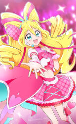 Rule 34 | 1girl, :d, anime coloring, arm warmers, blonde hair, blue eyes, blush, boots, bow, bow-shaped hair, bridal gauntlets, brooch, collarbone, commentary, crop top, cure idol, detached sleeves, drill hair, dutch angle, earrings, feet out of frame, hair between eyes, hair bun, hair ornament, hair ribbon, hairband, hand on own chest, headset, heart, heart brooch, heart earrings, heart hair bun, heart hair ornament, highres, idol, idol heart brooch, impossible hair, jewelry, kakiuchi itsuki, kimi to idol precure, knee boots, long hair, looking at viewer, magical girl, midriff, multicolored boots, navel, open hand, open mouth, outstretched arm, outstretched hand, pink background, pink bridal gauntlets, pink ribbon, pink skirt, pink wrist cuffs, plaid bow, plaid clothes, plaid skirt, precure, puffy detached sleeves, puffy sleeves, reaching, reaching towards viewer, ribbon, sakura uta (precure), single arm warmer, single earring, skirt, smile, solo, sparkle, sparkle background, spread fingers, stage, standing, twin drills, twitter username, two-tone boots, white arm warmers, white boots, white hairband, wrist cuffs