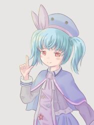 Rule 34 | 1girl, blue capelet, blue hair, blue hat, blue skirt, capelet, emil chronicle online, flat chest, grey background, hat, monster girl, necktie, pointing, pointing up, purple necktie, purple shirt, pururu alma, red eyes, shirt, skirt, slime girl, smile, soranone199, twintails