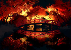 Rule 34 | 1girl, architecture, autumn leaves, blonde hair, bridge, dise (psychoro), east asian architecture, gensokyo, highres, leaf, leaning forward, maple leaf, mizuhashi parsee, night, night sky, reflection, reflective water, scenery, sky, solo, touhou