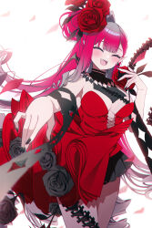 1girl baobhan_sith_(fate) baobhan_sith_(fgo_fes._2025)_(fate) bare_shoulders blush breasts cleavage closed_eyes commentary_request detached_collar dress earrings fate/grand_order fate_(series) flower hair_flower hair_ornament highres hoshino_reiji jewelry large_breasts long_hair open_mouth pink_hair pointy_ears red_dress rose smile solo