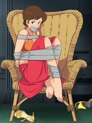 absurdres barefoot bdsm bondage bound breasts brown_eyes brown_hair cleavage gag gagged highres improvised_gag lupin_iii medium_breasts mine_fujiko ost_one_zero tape tape_bondage tape_gag