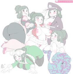 Rule 34 | 5girls, artist name, ashido mina, ashido mina (cosplay), ass, asui tsuyu, asui tsuyu (cosplay), belly, blush, bodysuit, boku no hero academia, breasts, captainjerkpants, cleavage, cleft of venus, cosplay, gloves, grabbing own ass, green hair, hat, highres, huge ass, huge breasts, large areolae, leotard, lips, long hair, looking at viewer, mature female, midoriya inko, multiple girls, multiple persona, nervous smile, nipples, partially visible vulva, plump, ponytail, puffy nipples, scarf, short ponytail, signature, smile, sweat, thick thighs, thighs, uraraka ochako, uraraka ochako (cosplay), utsushimi kemii, utsushimi kemii (cosplay), wedgie, white background, wide hips, yaoyorozu momo, yaoyorozu momo (cosplay)