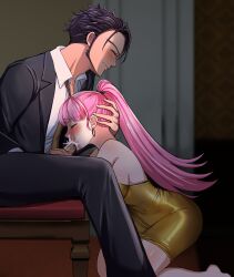 1boy 1girl absurdres alternate_costume black_hair blush breasts brown_necktie claude_von_riegan claude_von_riegan_(timeskip) contemporary cum cum_in_mouth dark-skinned_male dark_skin dress earrings fellatio fire_emblem fire_emblem:_three_houses formal_clothes from_side gold_dress hand_on_another&#039;s_head hetero highres hilda_valentine_goneril hilda_valentine_goneril_(timeskip) indoors jewelry large_breasts long_hair looking_at_another necktie nintendo oral penis penis_grab pink_hair ponytail profile shirt short_hair sitting sleeveless sleeveless_dress suit tara_(szzj7733) uncensored white_shirt