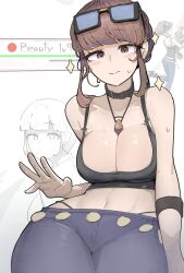 1girl azz0422 bare_shoulders beauty_(pokemon) black_choker black_tank_top blush breasts brown_eyes brown_hair choker cleavage closed_mouth collarbone denim eyewear_on_head highres holding jewelry large_breasts long_hair looking_at_viewer midriff navel necklace nintendo pants pokemon pokemon_xy short_hair smile sunglasses sweat sweatdrop tank_top