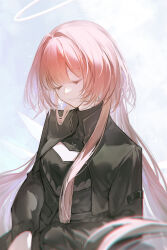 1girl arknights black_jacket black_shirt chinese_commentary chromatic_aberration cleavage_cutout closed_eyes closed_mouth clothing_cutout commentary_request grey_background halo highres hiyoriii jacket lemuen_(arknights) light_particles light_smile long_hair long_sleeves pink_hair shirt solo turtleneck turtleneck_shirt white_halo