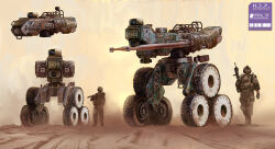 2boys black_gloves black_jacket brown_pants bulletproof_vest desert edouard_groult gloves goggles gun helmet highres holding holding_gun holding_weapon jacket mecha multiple_boys original pants robot sand science_fiction shadow size_comparison soldier walking weapon wheel