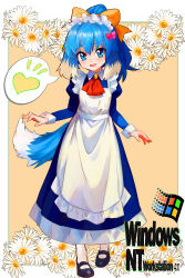 1girl absurdres animal_ears apron black_shoes blue_dress blue_eyes dog_ears dog_girl dog_tail dress floppy_ears flower full_body heart highres inu-t long_hair maid_day maid_headdress microsoft_windows nt-tan open_mouth os-tan ponytail ribbon shoes smile solo spoken_heart standing tail tsukiyono_aroe white_apron windows_logo yellow_ribbon