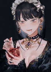 1girl black_background black_hair bonnet breasts breasts_apart earrings female_focus food fruit gloves grey_eyes highres jewelry mole mole_under_eye necklace original pomegranate ring solo tareme traditional_media ueno_zousui
