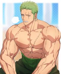 Rule 34 | 1boy, abs, biceps, blurry, blurry background, border, clenched teeth, collarbone, commentary request, domo (domo kizusuki), earrings, gold earrings, green hair, green pants, haramaki, highres, jewelry, male focus, muscular, muscular male, nipples, one eye closed, one piece, outline, outside border, pants, pectorals, puff of air, roronoa zoro, scar, scar across eye, scar on chest, scar on face, short hair, sideburns, solo, sweat, sweatdrop, teeth, topless male, v-shaped eyebrows, veins, veiny arms, white border
