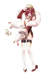 1girl absurdres ange_katrina arm_up steamed_bun bare_shoulders black_thighhighs blue_eyes blush breast_padding china_dress chinese_clothes cleavage_cutout clothing_cutout commentary_request crossed_bangs detached_sleeves double_bun dress dress_tug dropped_food embarrassed feather_boa food food_on_head full_body gold_trim hair_between_eyes hair_bun hair_intakes hair_ornament heel_pop high_heels highres hip_vent layered_legwear long_bangs looking_down nijisanji nose_blush object_on_head official_alternate_costume official_alternate_hairstyle open_mouth panties pumps red_dress red_footwear red_hair red_sleeves short_dress simple_background sleeveless sleeveless_dress solo stiletto_heels string_panties thighhighs thighs triangle_hair_ornament triangle_print underwear virtual_youtuber white_background white_thighhighs wide_sleeves zettai_ryouiki zxjv