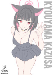 1girl absurdres alternate_costume animal_ears bare_shoulders black_choker black_dress black_hair blue_archive blunt_bangs blunt_ends bob_cut breasts bright_pupils cat_choker cat_ears cat_girl character_name choker cleavage closed_mouth collarbone colored_inner_animal_ears colored_inner_hair commentary dress english_commentary extra_ears feet_out_of_frame hair_behind_ear hair_intakes halo hand_up highres kazusa_(blue_archive) leaning_forward looking_at_viewer medium_breasts multicolored_hair outstretched_hand pink_hair pink_halo realen red_eyes short_dress short_hair signature simple_background sleeveless sleeveless_dress smile solo spaghetti_strap split_mouth standing straight_hair twitter_username two-tone_hair waving white_background