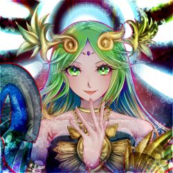 1girl alternate_color chain circlet gold_chain green_eyes green_hair highres kid_icarus kid_icarus_uprising looking_at_viewer nemu_(ut_kakinotane) nintendo palutena solo super_smash_bros. tongue tongue_out upper_body