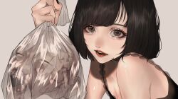 Rule 34 | 1girl, absurdres, bag, bare shoulders, black camisole, black hair, camisole, commentary request, eyelashes, grey background, grey eyes, highres, holding, holding bag, lips, lipstick, looking at viewer, makeup, mano aaa, mole, mole on cheek, original, parted lips, plastic bag, portrait, red lips, severed head, short hair, simple background, solo, teeth, upper teeth only