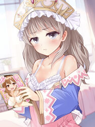 1girl absurdres atelier_(series) atelier_ryza atelier_totori bed blurry blush book brown_hair collarbone curtains depth_of_field dress grey_eyes headdress highres holding holding_book indoors long_hair looking_at_viewer manga_(object) mochi_(k620803n) pornography pout reisalin_stout solo spaghetti_strap sweatdrop totooria_helmold wide_sleeves window