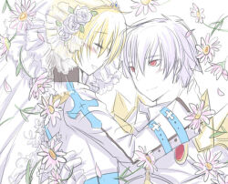 2boys arch_bishop_(ragnarok_online) blonde_hair blush closed_mouth commentary_request flower hair_flower hair_ornament hug jacket long_sleeves looking_at_another male_focus multiple_boys open_mouth ragnarok_online red_eyes rose rune_knight_(ragnarok_online) short_hair smile spiked_pauldrons upper_body white_flower white_jacket white_rose yaoi yoru_nagatsuki