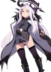 1girl :/ ahoge armband black_coat black_gloves black_halo black_jacket black_skirt black_thighhighs blue_archive blush boots coat coat_on_shoulders commentary_request demon_girl demon_horns demon_wings expressionless feet_out_of_frame fu-ta gloves hair_ornament hairclip half-closed_eyes halo hina_(blue_archive) horns jacket jacket_on_shoulders knee_boots loli long_hair long_sleeves looking_at_viewer low_wings multiple_horns open_clothes open_coat panties pantyshot parted_bangs purple_eyes red_armband simple_background skirt solo standing thighhighs thighs underwear very_long_hair white_background white_hair white_panties wings zettai_ryouiki