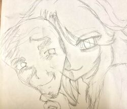 Rule 34 | :3, absurdres, cocked eyebrow, colored skin, hair over eyes, hair over one eye, highres, holding, holding mask, long sidelocks, looking at another, looking at viewer, looking to the side, mask, nose, original, shirt, sidelocks, slit pupils, smile, smug, traditional media, white background, white eyes, white hair, white mask, white shirt, white skin, yearnforblood