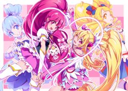 10s 4girls :d ;) ;d aida_mana aino_megumi bare_shoulders blonde_hair blue_eyes blue_hair brooch chiyo_(rotsurechiriha) choker cure_heart cure_honey cure_honey_(popcorn_cheer) cure_lovely cure_princess cure_princess_(sherbet_ballet) dokidoki!_precure earrings hair_bun happinesscharge_precure! heart heart_brooch heart_hair_bun holding_hands interlocked_fingers jewelry long_hair looking_at_viewer magical_girl multiple_girls one_eye_closed oomori_yuuko open_mouth pink_eyes pink_hair pink_skirt ponytail precure ribbon_(happinesscharge_precure!) sharuru_(dokidoki!_precure) shirayuki_hime skirt smile thighhighs twintails very_long_hair white_legwear wide_ponytail wing_brooch wing_earrings yellow_eyes