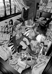 1boy 1girl :d ^_^ backpack bag bed brand_name_imitation can cardigan cat cellphone chair closed_eyes condom condom_wrapper controller couple curtains day desk dualshock figure full_body game_console game_controller gamepad greyscale hat headphones highres holding indoors jorori kneehighs long_hair long_sleeves looking_back magazine_(object) messy_room monochrome nintendo_switch nintendo_switch_dock office_chair on_bed open_mouth original outstretched_arm pants paper phone plaid_clothes plaid_skirt playing_games playstation_2 playstation_controller poster_(object) power_strip remote_control room school_uniform shirt sitting skirt sleeves_past_wrists slice_of_life smartphone smile socks swivel_chair television twintails unworn_backpack unworn_bag unworn_hat unworn_headwear unworn_shirt v window wooden_floor |d