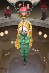 1girl absurdres aircraft blonde_hair blush braid breasts crown_braid floating gag gagged green_eyes highres hole hot_air_balloon immobilization long_hair medium_breasts nintendo princess_zelda restrained thalter39o the_legend_of_zelda the_legend_of_zelda:_tears_of_the_kingdom yiga_clan yiga_clan_footsoldier
