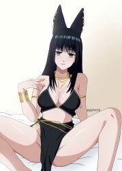 1girl absurdres animal_ears anubis_(mythology) anubis_(mythology)_(cosplay) arm_strap artist_name black_eyes black_hair bracelet breasts cleavage commentary cosplay crop_top ear_piercing earrings facing_viewer fake_animal_ears high-waist_shorts highres jackal_ears jewelry large_breasts looking_at_viewer necklace on_bed osaragi_(sakamoto_days) pelvic_curtain piercing sakamoto_days sephtis shorts smile solo spread_legs teeth thighs waist_jewel
