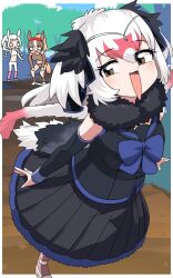 3girls animal_ears bird_girl bird_tail bird_wings black_dress black_fur black_hair blue_bow blue_bowtie blue_trim blush bow bowtie brown_buruma brown_eyes brown_hair brown_socks brown_sports_bra brown_thoroughbred_(kemono_friends) buruma detached_sleeves dress elbow_gloves exhausted fur_collar gloves hair_between_eyes hands_on_own_knees head_chain head_wings headgear highres horse_ears horse_girl horse_tail jewelry kemono_friends leg_warmers leggings lets0020 midriff multicolored_hair multiple_girls ostrich_(kemono_friends) pantyhose pink_leg_warmers pink_pantyhose pleated_dress ponytail red_hair running sailor_collar short_hair sidelocks socks sports_bra sportswear tail white_gloves white_hair white_leggings white_sports_bra white_thoroughbred_(kemono_friends) wings
