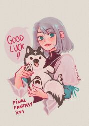1girl animal baby_animal blue_eyes dog dress english_text final_fantasy final_fantasy_xvi grey_hair grey_wolf holding holding_animal holding_dog jill_warrick puffy_sleeves puppy short_hair simple_background speech_bubble square_enix standing takusifair torgal_(ff16) upper_body waving white_dress wolf