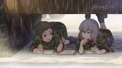 Rule 34 | 2girls, biscuit (bread), blonde hair, blue eyes, boots, brown eyes, brown hair, camouflage, camouflage jacket, chewing, commentary, dated, field ration, girls und panzer, highres, holding, holding spork, itsumi erika, jacket, kojima emi, kuromorimine military uniform, long hair, lying, map (object), military vehicle, motor vehicle, multiple girls, on stomach, rain, red shirt, shinmai (kyata), shirt, short hair, signature, spork, tank